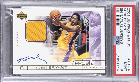 2001 UD Pros & Prospects Signature Jerseys #KB-A Kobe Bryant Signed Patch Card - PSA MINT 9